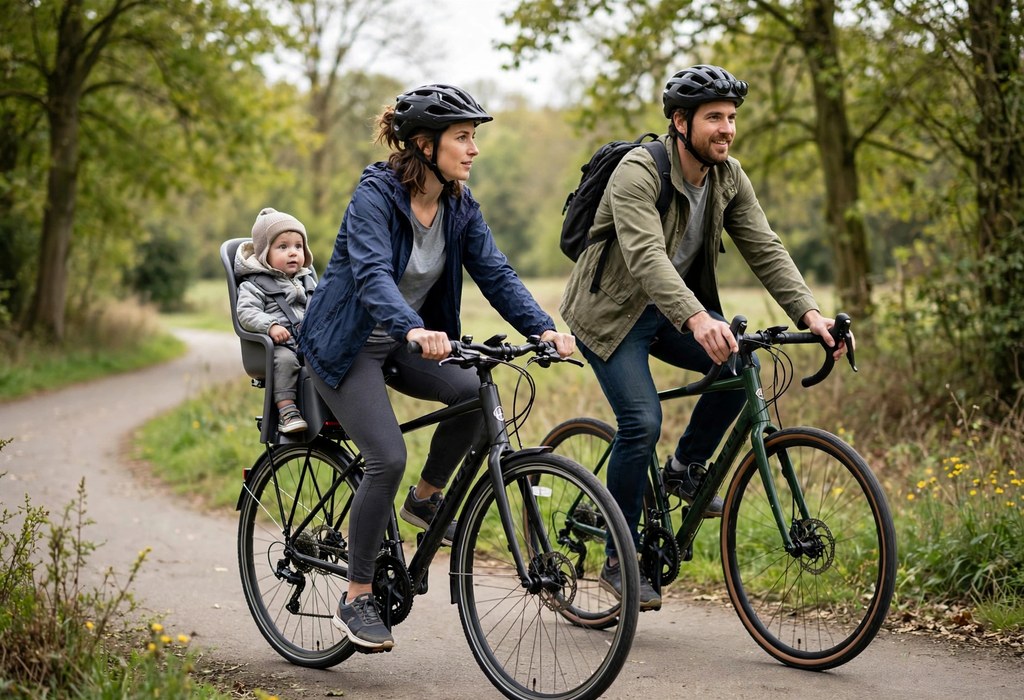Parent riding a bicycle with a baby bike seat mounted behind the saddle