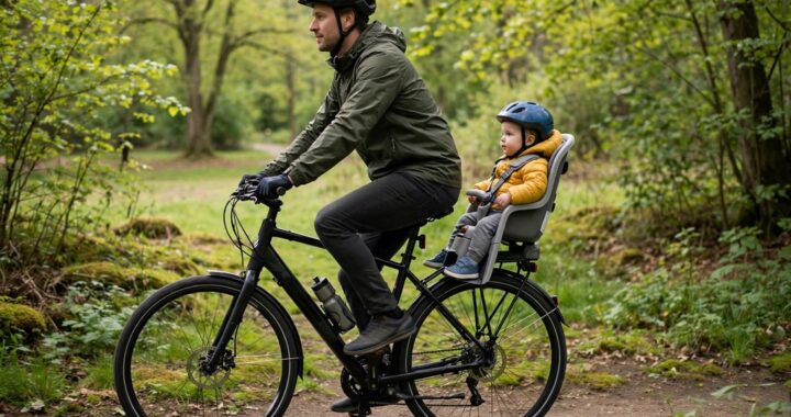 Parent riding a bicycle with a baby secured in a rear-mounted baby bike seat on a quiet path