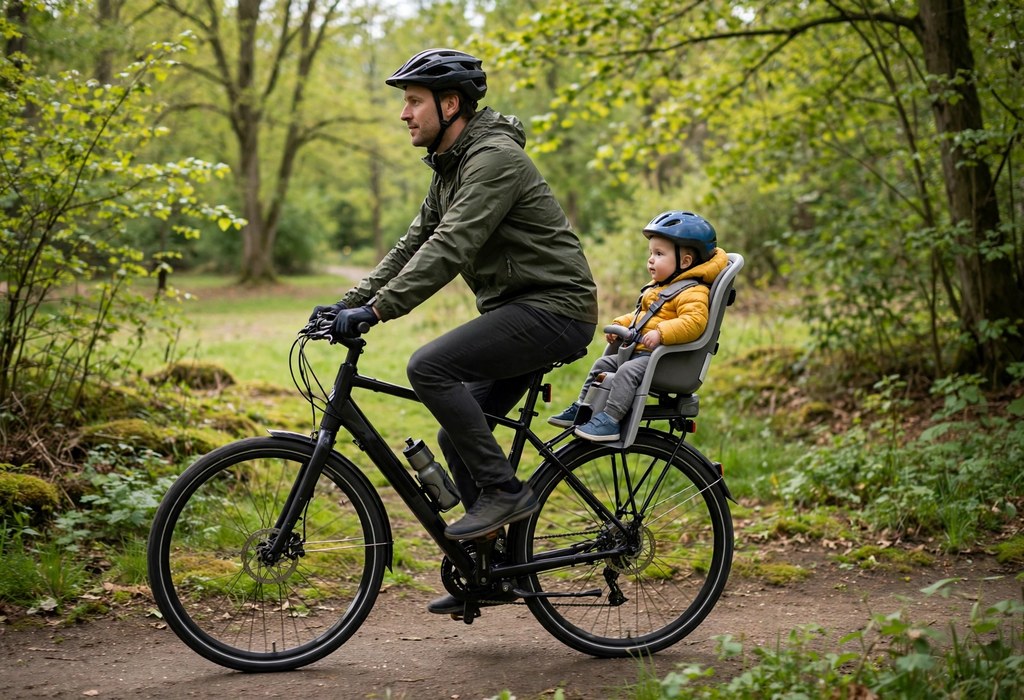 Parent riding a bicycle with a baby secured in a rear-mounted baby bike seat on a quiet path
