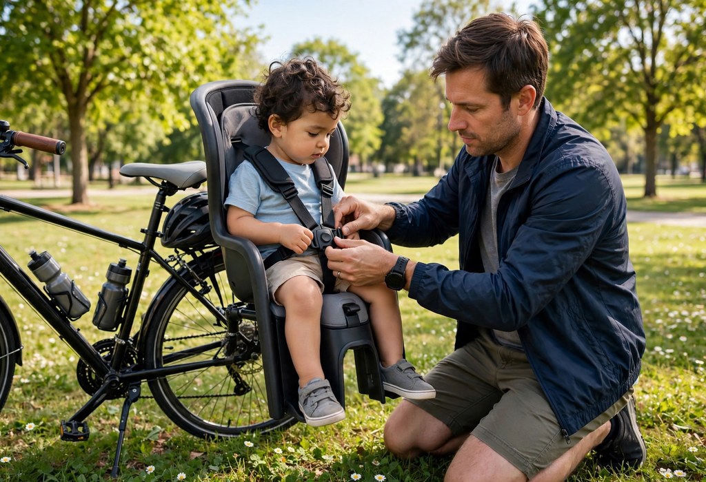 Parent securing a toddler into a rear baby bike seat with a 5-point harness