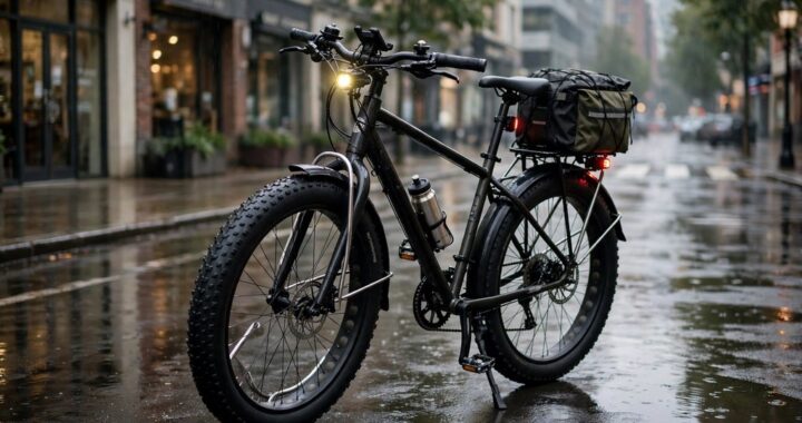 Commuter fat tire bike with rear rack, fenders, and lights on a wet city street