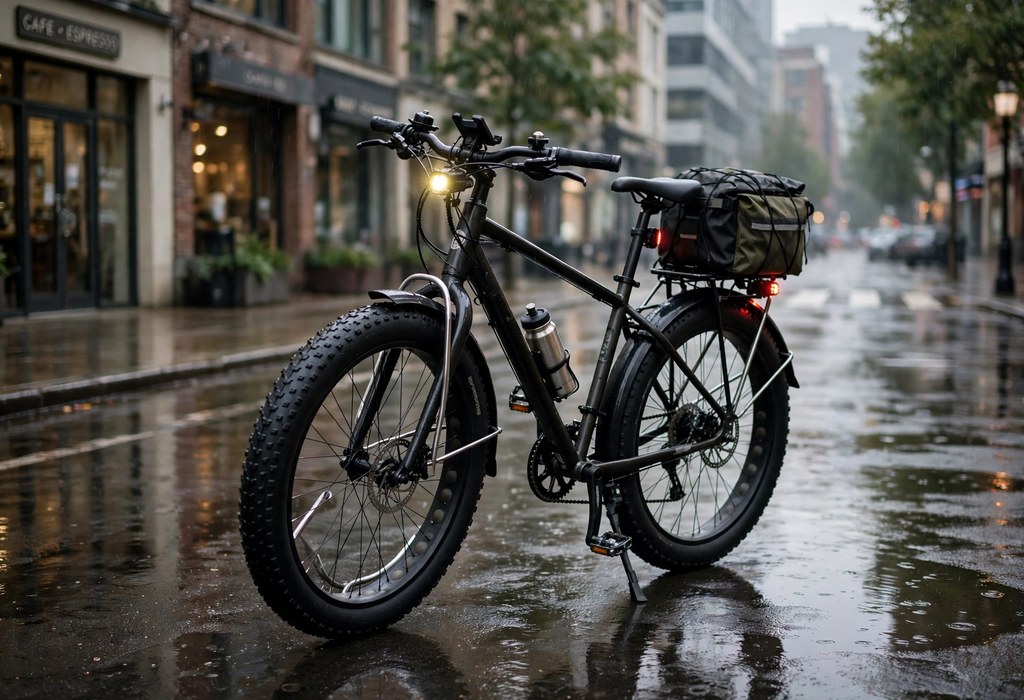 Commuter fat tire bike with rear rack, fenders, and lights on a wet city street