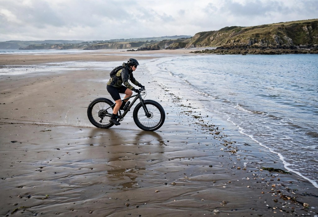 Fat tire bike rider maintaining momentum across firm wet sand near the waterline