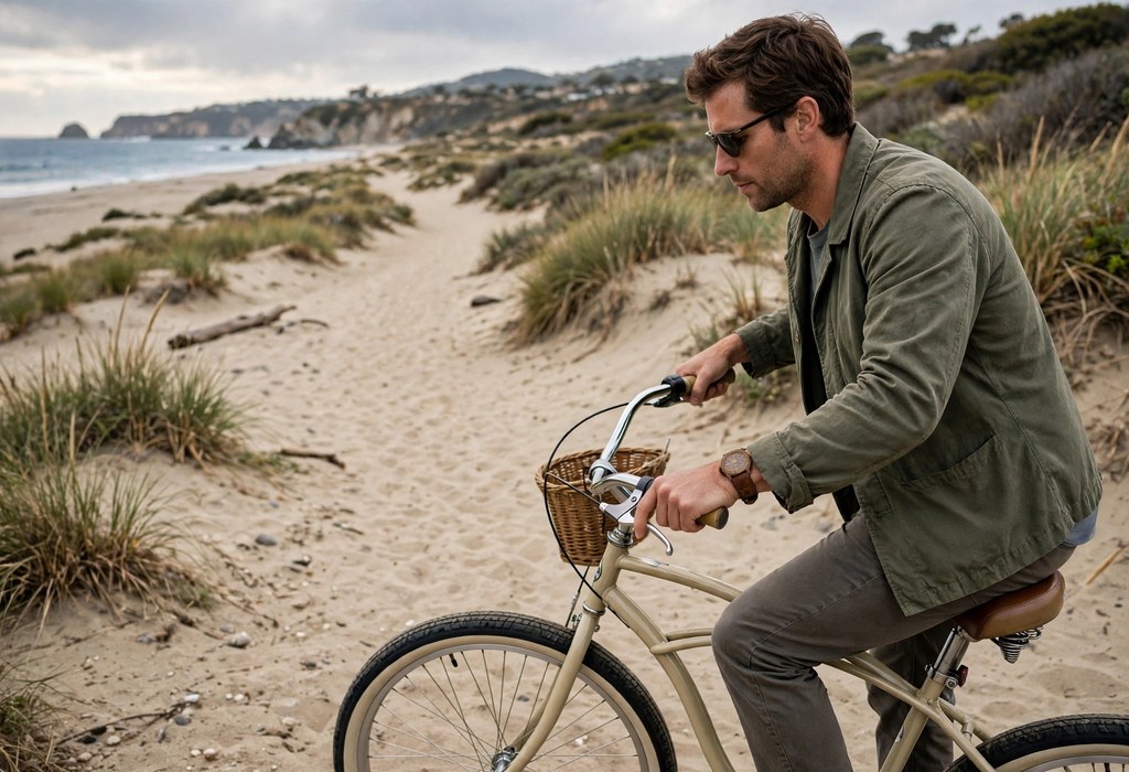 Rider squeezing a beach cruiser hand brake lever beside a sandy coastal path