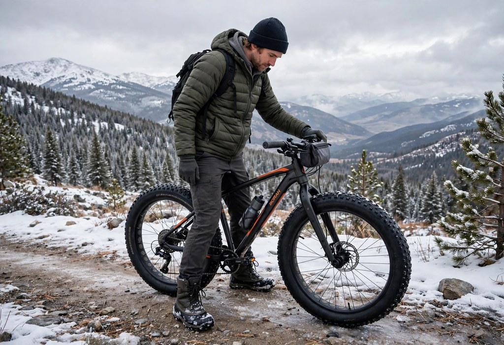 Fat tire bike standover clearance check with rider wearing winter boots