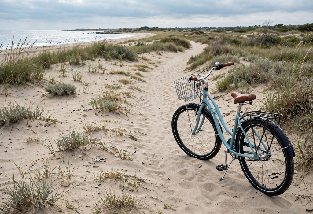 Step through beach cruiser bike parked beside a sandy beach access path