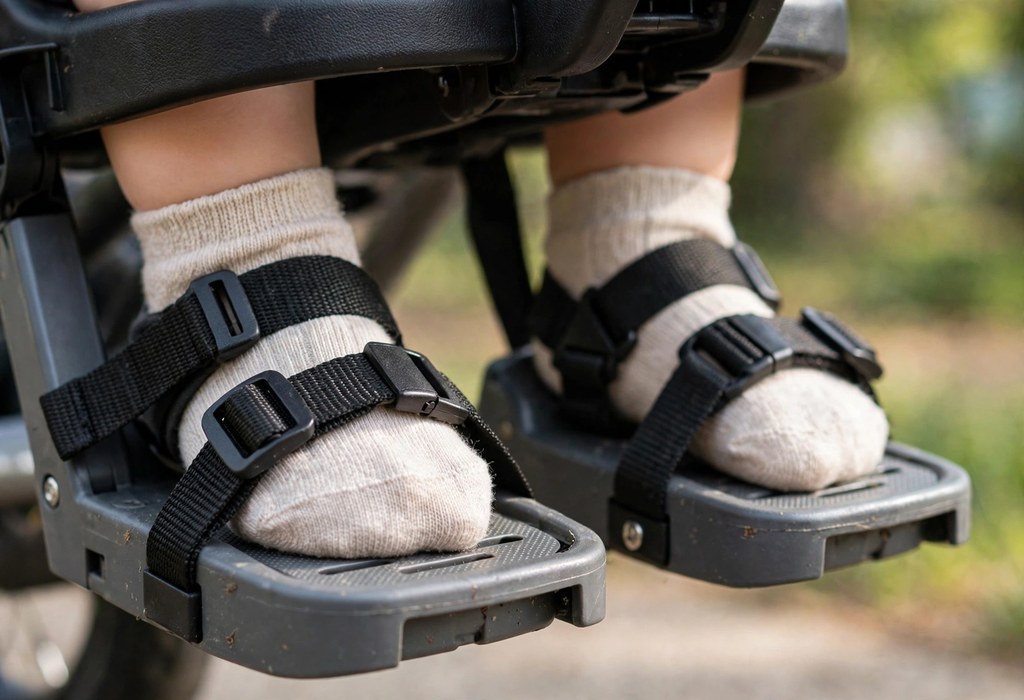 Toddler feet secured in straps on adjustable footrests