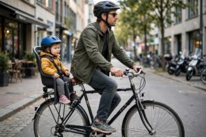 Toddler secured in a rear-mounted baby bike seat on a city bike