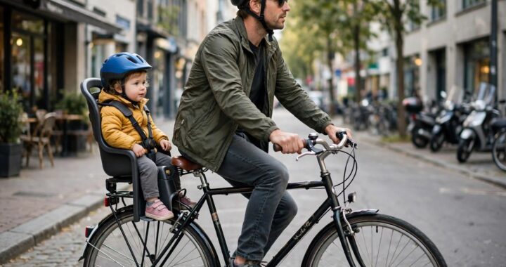 Toddler secured in a rear-mounted baby bike seat on a city bike