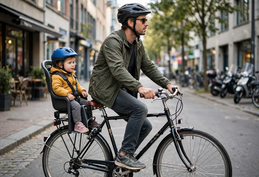 Toddler secured in a rear-mounted baby bike seat on a city bike