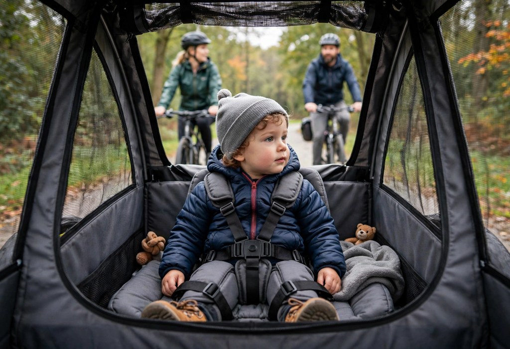 Toddler secured with a five-point harness inside an enclosed bike trailer