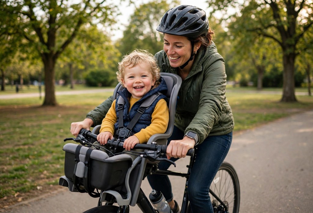 Toddler smiling in a front-mounted baby bike seat between the handlebars