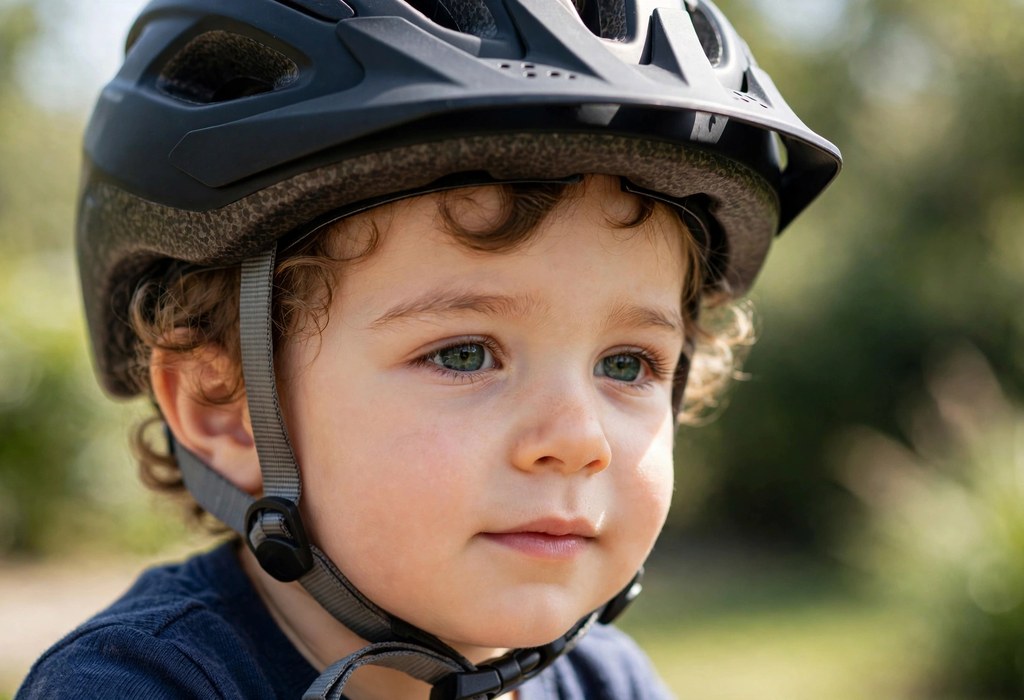 Toddler wearing a bike helmet sitting one finger width above the eyebrows