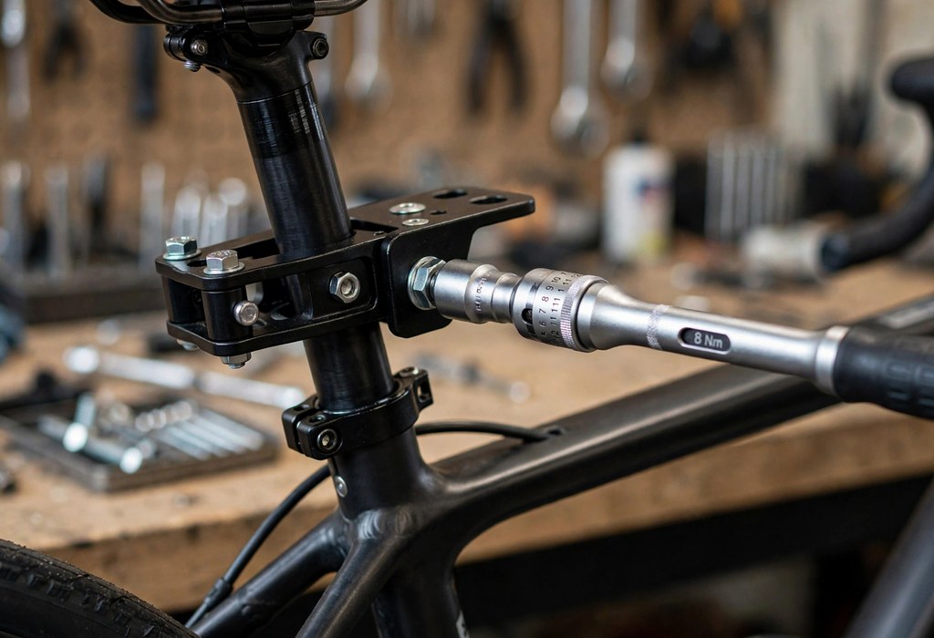 Torque wrench tightening the bolts on a baby bike seat mounting bracket