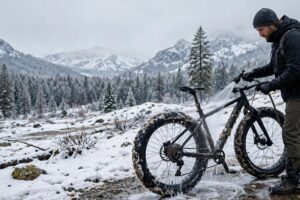 Rider rinsing a fat tire bike after a snowy winter ride outdoors