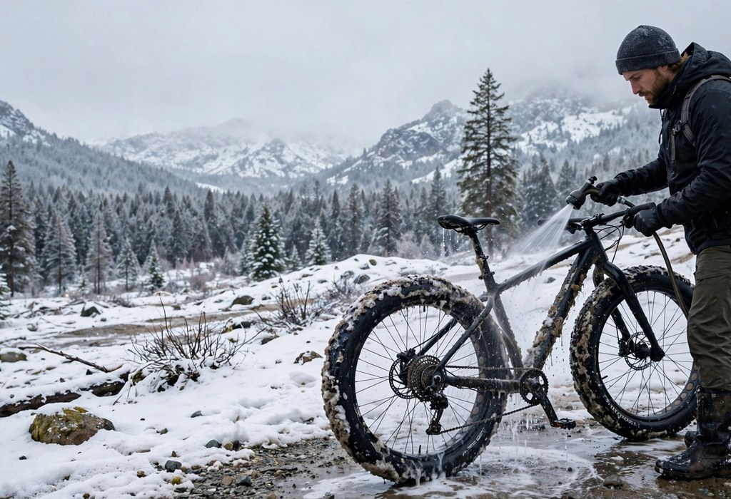 Rider rinsing a fat tire bike after a snowy winter ride outdoors