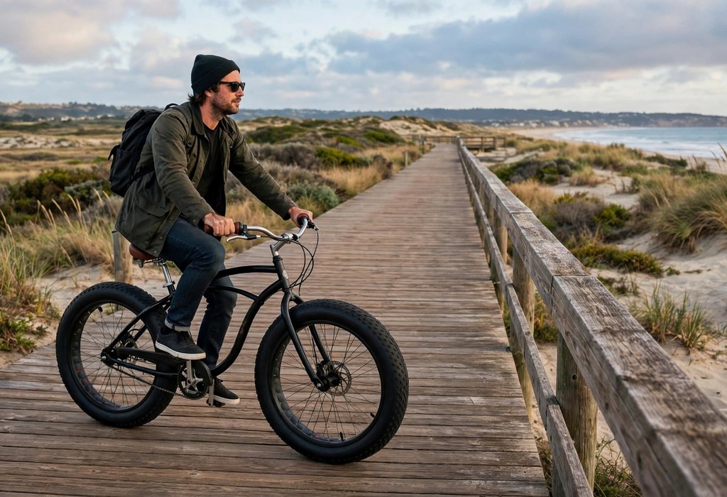 Rider cruising a wooden boardwalk on a wide tire beach cruiser bike