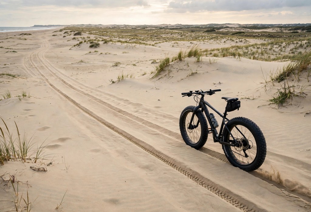 Fat tire bike leaving a wide contact patch track across soft sand