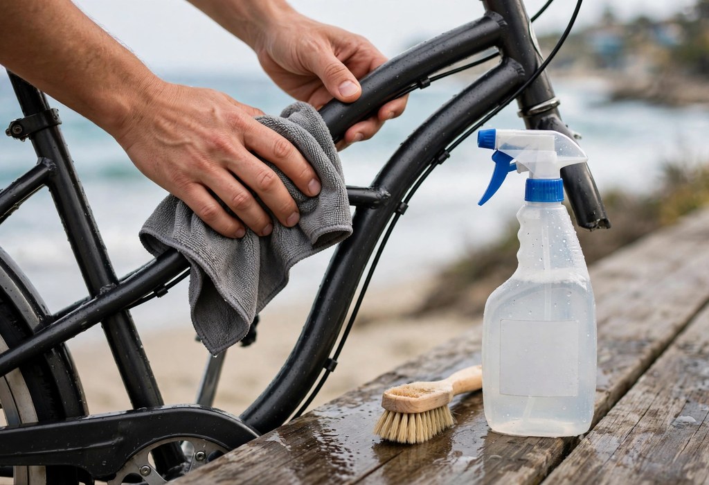 Hands wiping down a beach cruiser bike frame with a cloth near the ocean